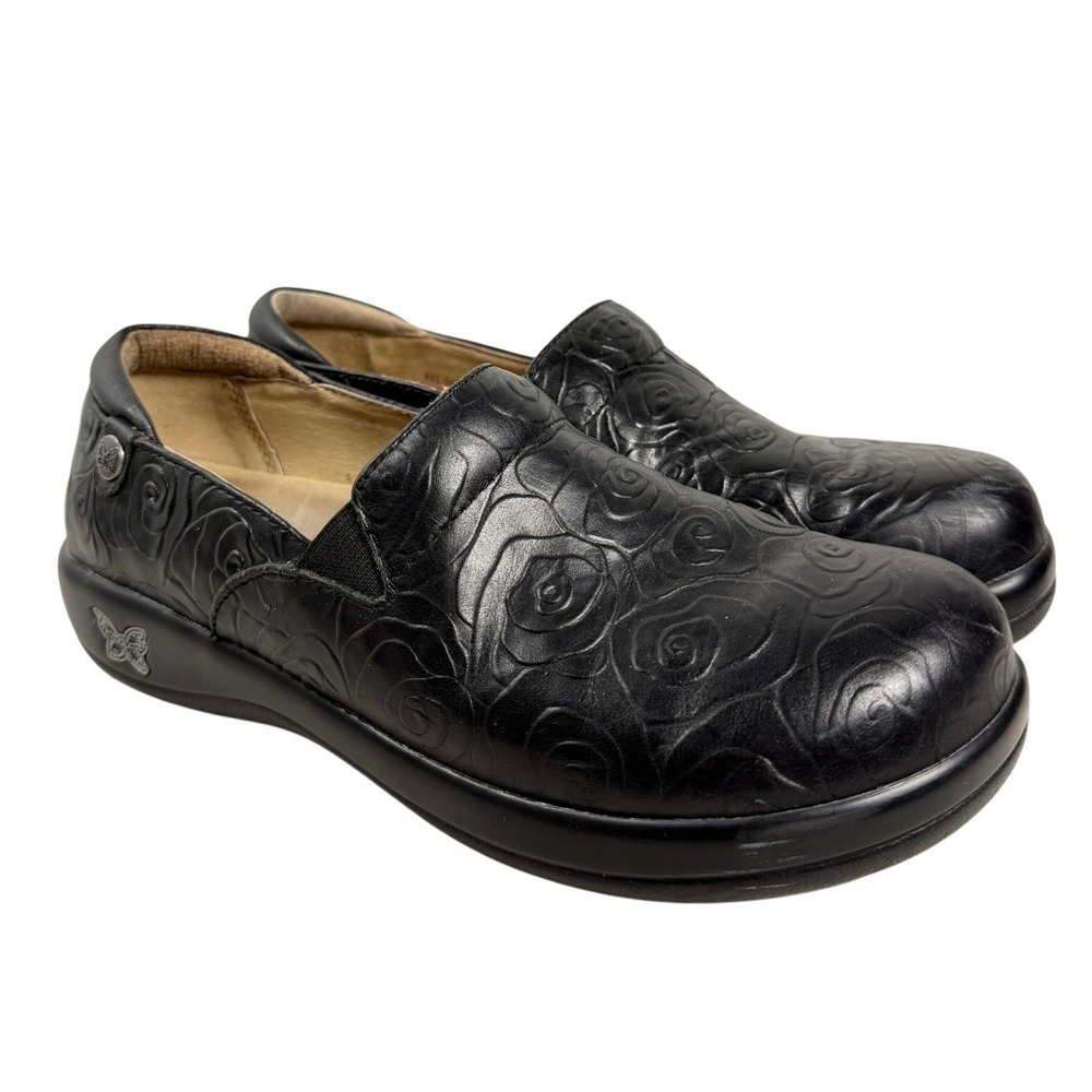 Alegria Keli Black Embossed Rose Leather Nursing Clogs Shoes KEL-541 Womens 37